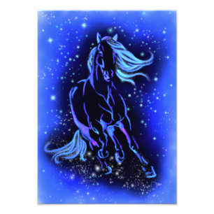 Neon Blue Horse bij Moonlight Sterrennacht Foto Afdruk