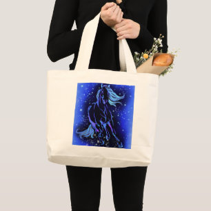 Neon Blue Horse bij Moonlight Sterrennacht Grote Tote Bag