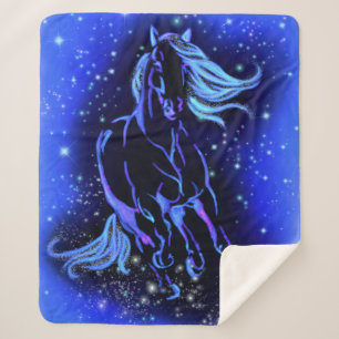 Neon Blue Horse bij Moonlight Sterrennacht  Sherpa Deken