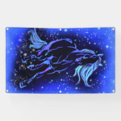 Neon Blue Horse bij Moonlight Sterrennacht  Spandoek (Horizontaal)