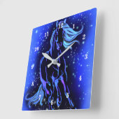 Neon Blue Horse bij Moonlight Sterrennacht  Vierkante Klok (Hoek)
