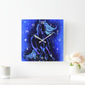 Neon Blue Horse bij Moonlight Sterrennacht  Vierkante Klok (Huis)