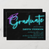 Neon Blue Light Glow | Modern Retro-Afstuderen Kaart (Voorkant / Achterkant)