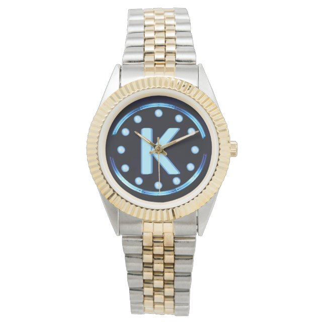 Neon Blue Monogrammed Horloge (Voorkant)