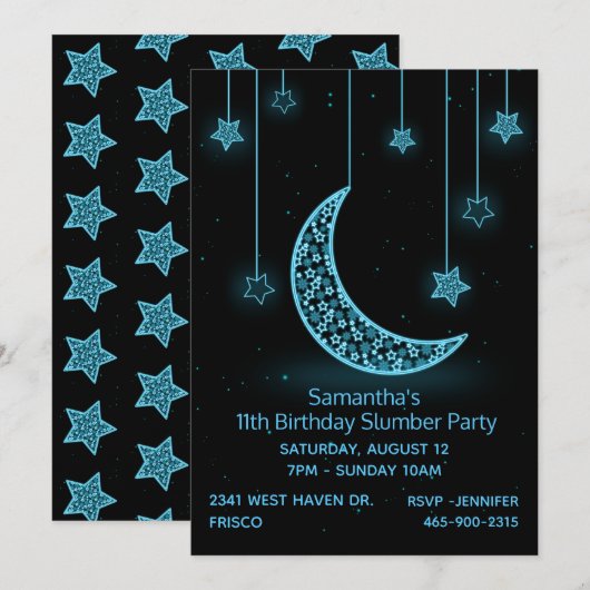Neon Blue Moon en Stars Birthday Party Invitation Kaart (Voorkant / Achterkant)