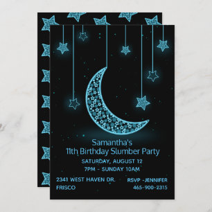 Neon Blue Moon en Stars Birthday Party Invitation Kaart