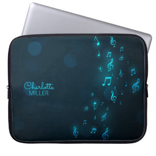 Neon Blue Muzieknoten en aangepaste naam Laptop Sleeve