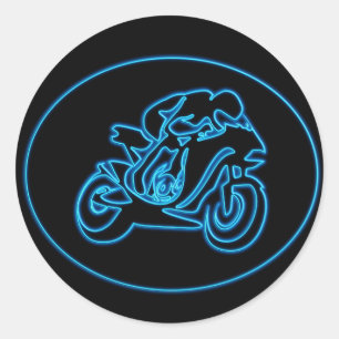 Neon Blue Racing Motorfiets Silhouet Ronde Sticker