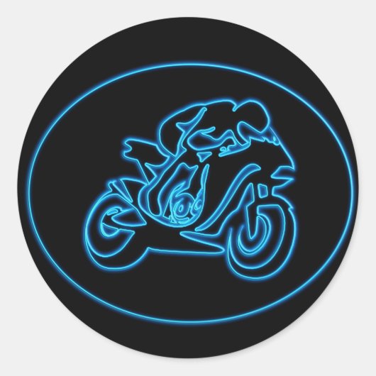 Neon Blue Racing Motorfiets Silhouet Ronde Sticker (Voorkant)