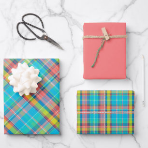 Neon Blue, Salmon & Green Plaid Inpakpapier Vel