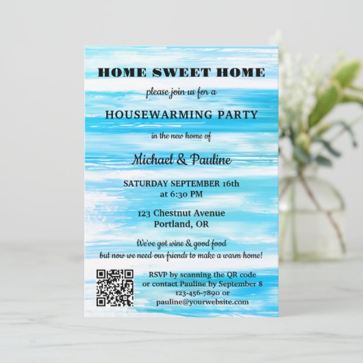 Neon Blue Turquoise verf QR Housewarming Kaart (Staand voorkant)