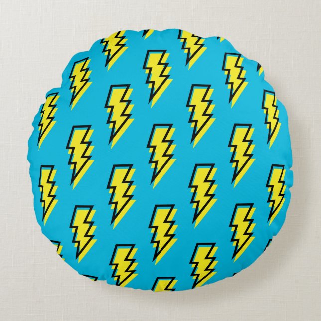 Neon Blue Yellow Lightning Bolt Pattern (80/90) Rond Kussen (Voorkant)