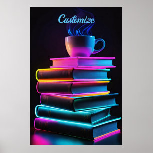 Neon boeken en koffie 2 poster