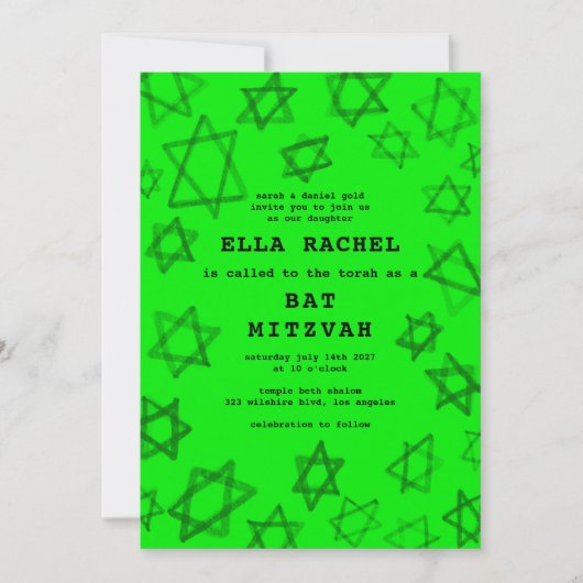 NEON Bold Waterverf Star van David Bar Bat Mitzvah Kaart (Voorkant)