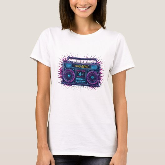 Neon boombox retrowave ontwerp t-shirt (Voorkant)