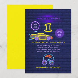 Neon bord Auto thema Jongen 1e Verjaardagsfeestje Kaart