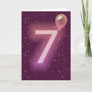Neon bord en ballon voor 7e verjaardag kaart