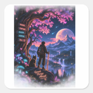 Neon Bos Wandelaar Avontuur Fantasie Vierkante Sticker