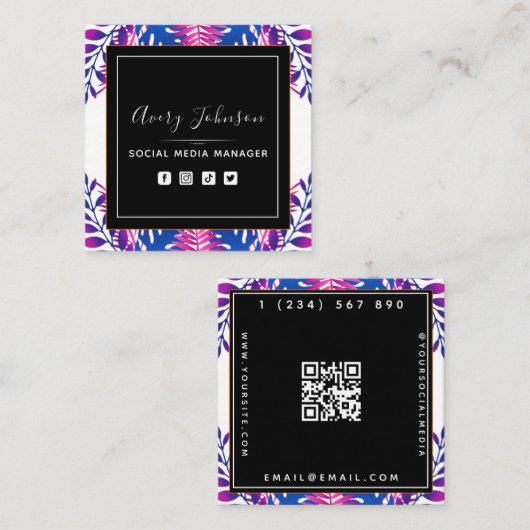 Neon Botanical Garden Bloom Qr Code Social Media Vierkante Visitekaartje (Voorkant / Achterkant)