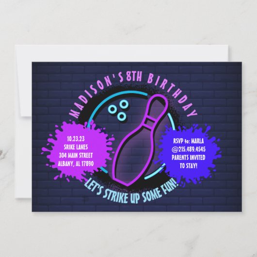 NEON BOWLING BALL ROUND Birthday Party Invitation (Voorkant)