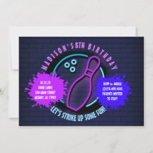 NEON BOWLING BALL ROUND Birthday Party Invitation