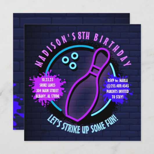 NEON BOWLING BALL ROUND Birthday Party Invitation (Voorkant / Achterkant)
