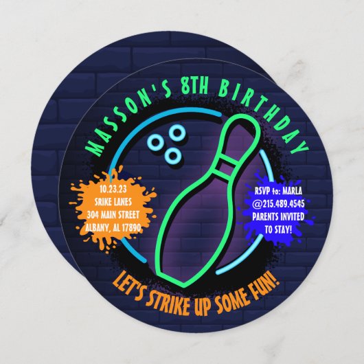 NEON BOWLING BALL ROUND Birthday Party Invitation Kaart (Voorkant / Achterkant)