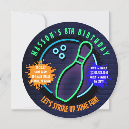 NEON BOWLING BALL ROUND Birthday Party Invitation Kaart (Voorkant)