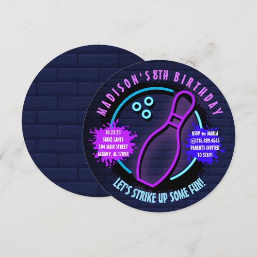 NEON BOWLING BALL ROUND Birthday Party Invitation Kaart (Voorkant / Achterkant)