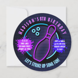 NEON BOWLING BALL ROUND Birthday Party Invitation Kaart