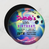 NEON BOWLING BALL ROUND Birthday Party Invitation Kaart (Voorkant / Achterkant)