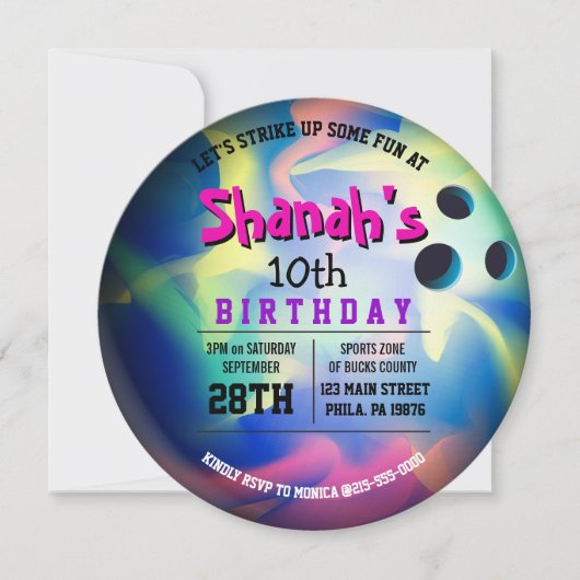 NEON BOWLING BALL ROUND Birthday Party Invitation Kaart (Voorkant)