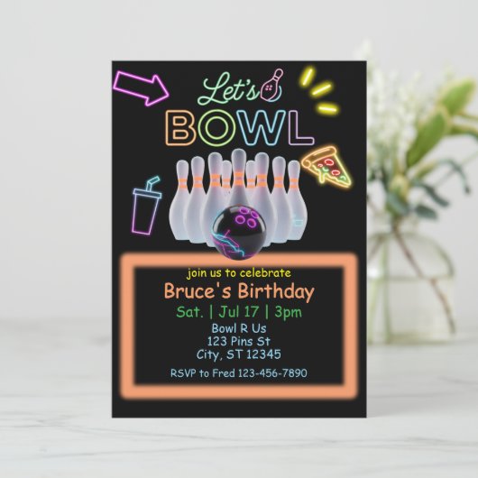 Neon Bowling Birthday Kaart (Staand voorkant)