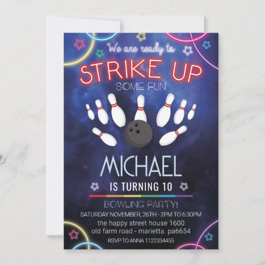 Neon Bowling Invitation for Birthday Party Retro Kaart (Voorkant)