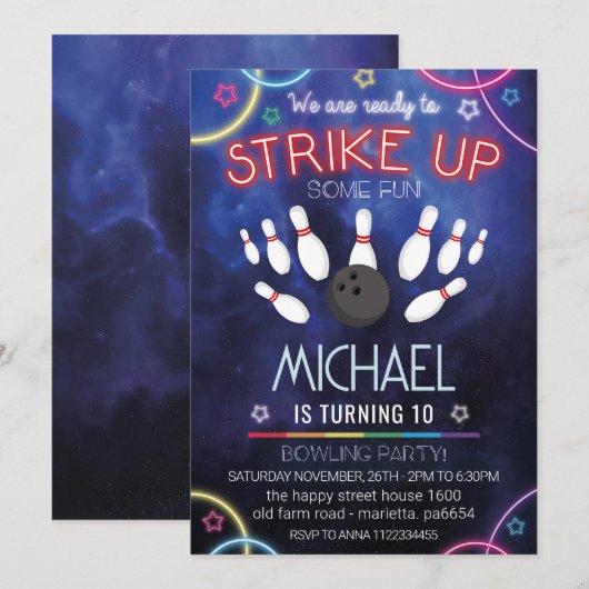 Neon Bowling Invitation for Birthday Party Retro Kaart (Voorkant / Achterkant)