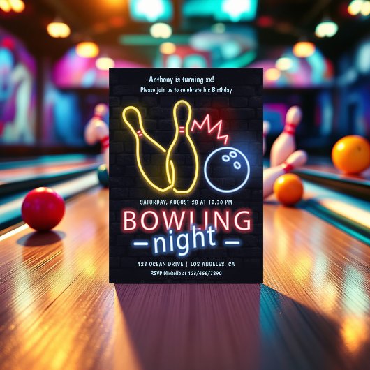 Neon Bowling Night Verjaardagsfeest Kaart