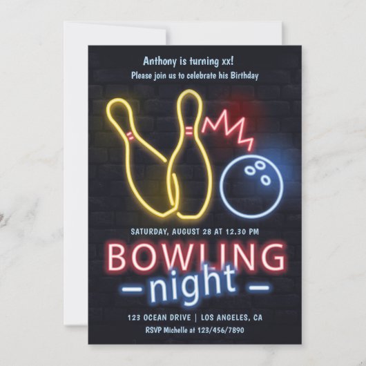 Neon Bowling Night Verjaardagsfeest Kaart (Voorkant)