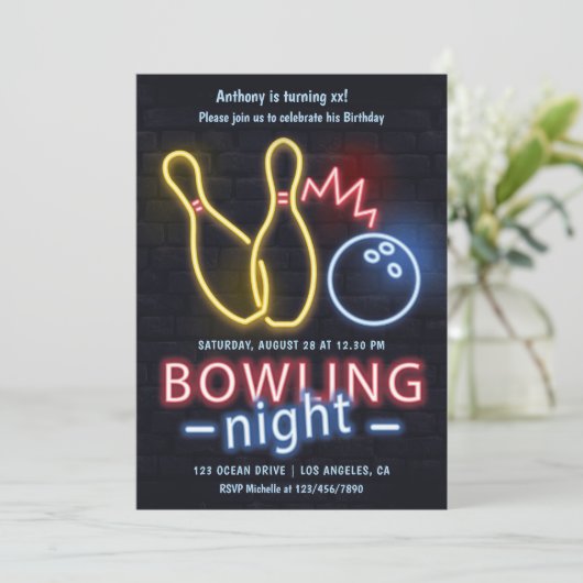 Neon Bowling Night Verjaardagsfeest Kaart (Staand voorkant)
