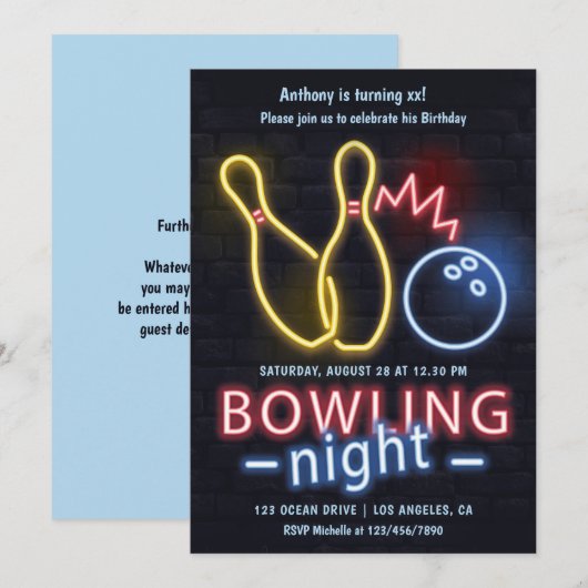 Neon Bowling Night Verjaardagsfeestje Kaart (Voorkant / Achterkant)
