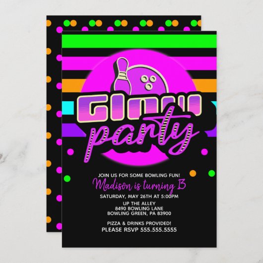 Neon Bowling Party Bash Birthday Party Kaart (Voorkant / Achterkant)