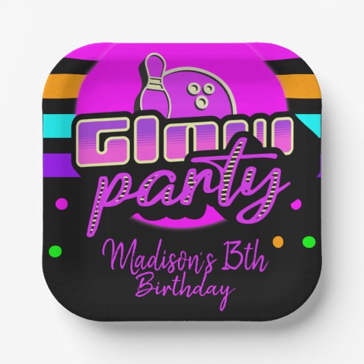 Neon Bowling Party Bash Birthday Party Papieren Bordje (Voorkant)