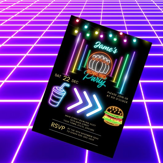 Neon Bowling Party verjaardagsuitnodiging Kaart