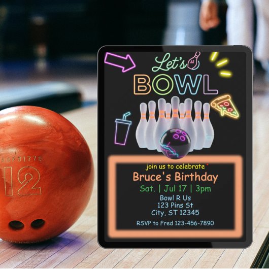 Neon Bowling Verjaardag Kaart