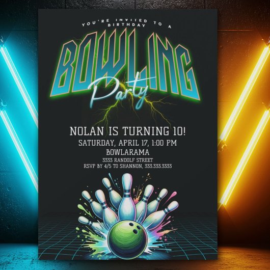 Neon Bowling verjaardagsuitnodiging Kaart