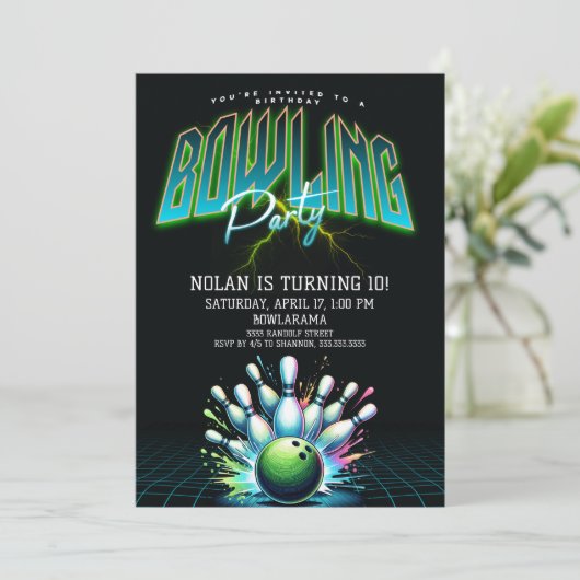 Neon Bowling verjaardagsuitnodiging Kaart (Staand voorkant)