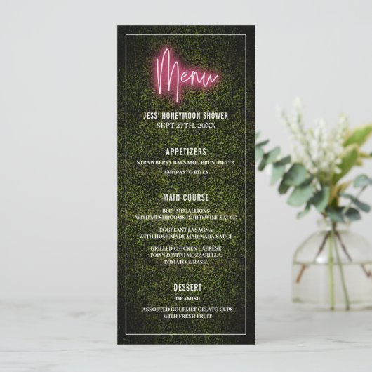 Neon Boxwood Greenery Party Douche Trouwmenu Menu (Staand voorkant)