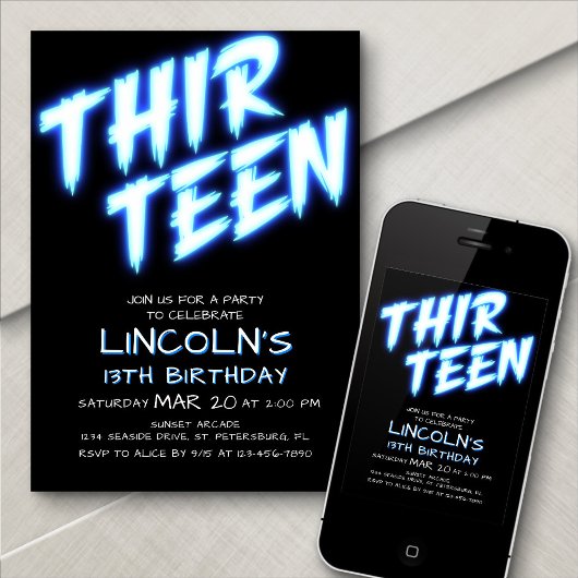 Neon Boys Pool 13e verjaardag uitnodiging