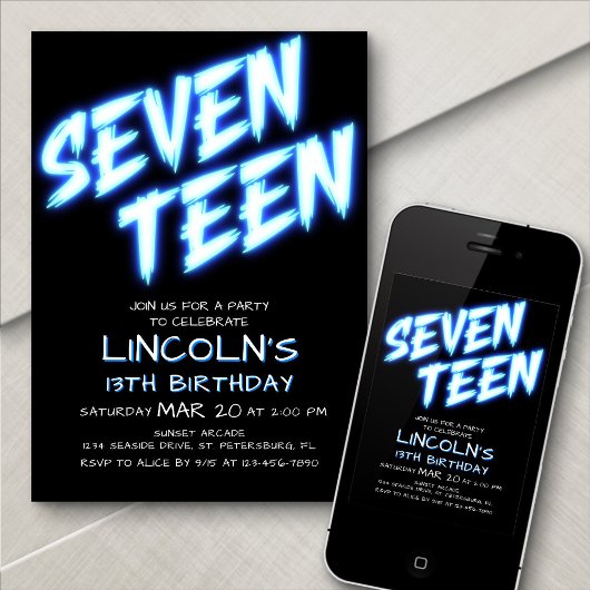 Neon Boys Pool 17e Verjaardag Uitnodiging