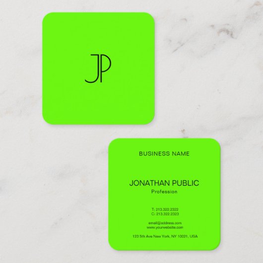 Neon Bright briljante groene moderne Sjabloon Vierkante Visitekaartje (Voorkant / Achterkant)