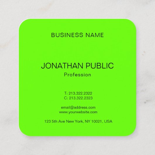 Neon Bright briljante groene moderne Sjabloon Vierkante Visitekaartje (Achterkant)